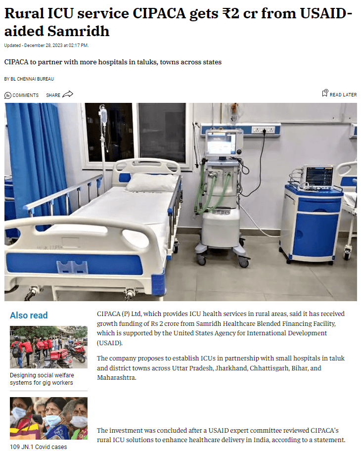 Rural ICU service CIPACA gets ₹2 cr from USAID-aided Samridh