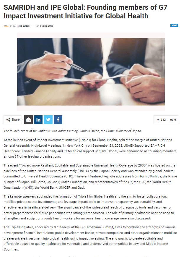 SAMRIDH and IPE Global: Founding members of G7 Impact Investment Initiative for Global Health