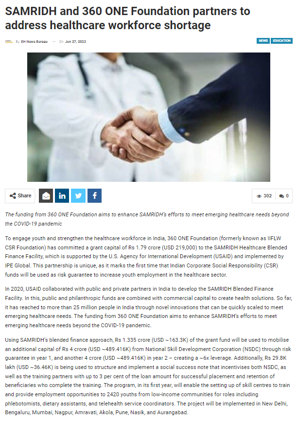SAMRIDH and 360 ONE Foundation partners to address healthcare workforce shortage