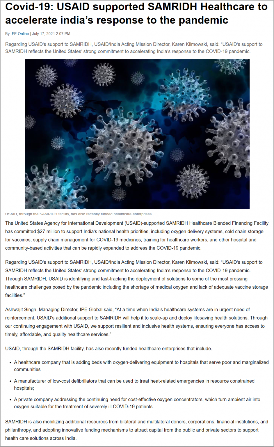 Covid-19: USAID supported SAMRIDH Healthcare to accelerate India&rsquo;s response to the pandemic