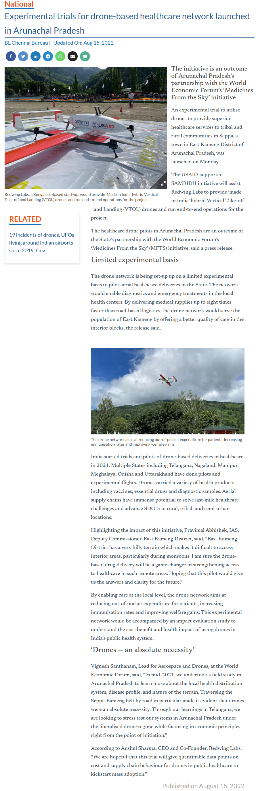 Experimental trials for drone-based healthcare network launched in Arunachal Pradesh