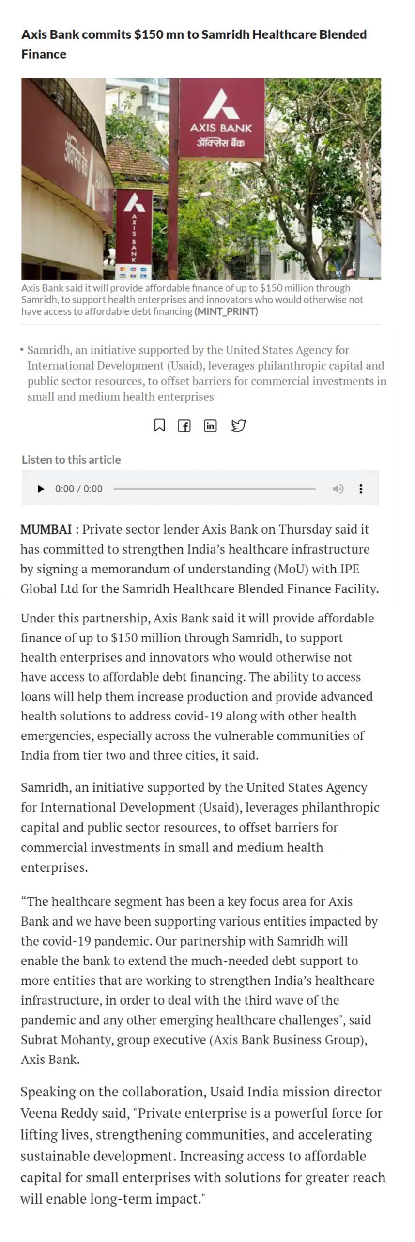 Axis Bank Commits $150 Mn to SAMRIDH Healthcare Blended Finance