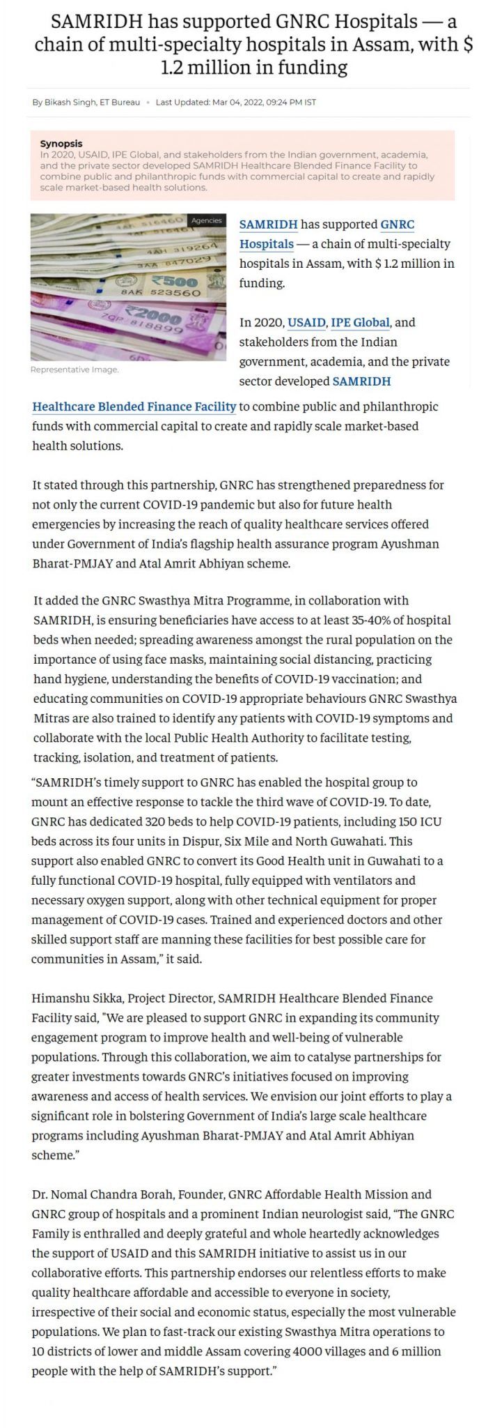 SAMRIDH has supported GNRC Hospitals &mdash; a chain of multi-specialty hospitals in Assam, with $ 1.2 million in funding