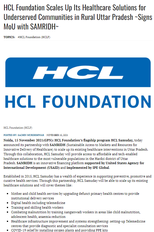 HCL Foundation Scales Up Its Healthcare Solutions for Underserved Communities in Rural Uttar Pradesh ~Signs MoU with SAMRIDH~