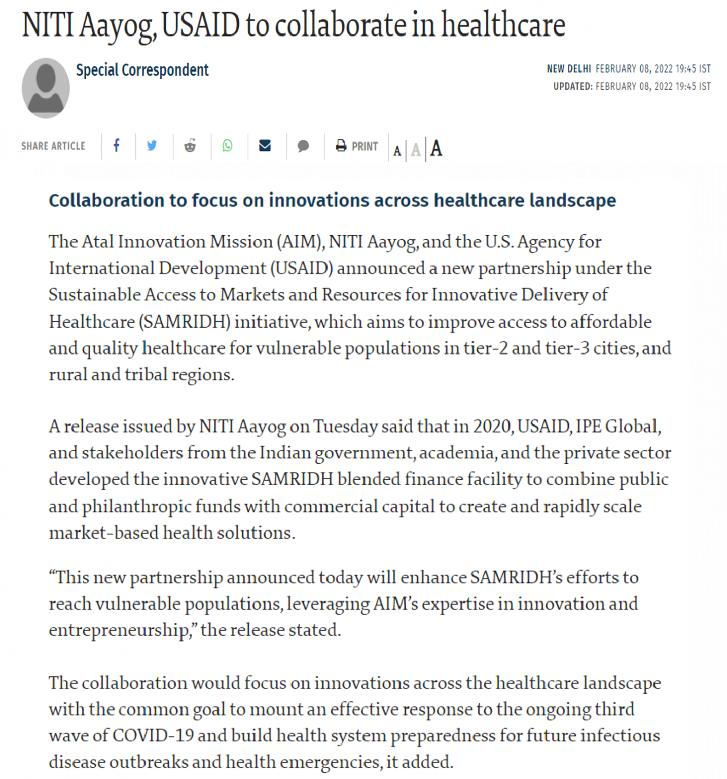 NITI Aayog, USAID to collaborate in healthcare