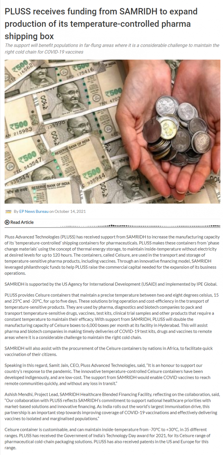 PLUSS receives funding from SAMRIDH to expand production of its temperature-controlled pharma shipping box
