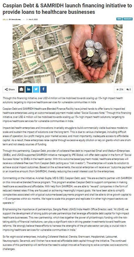 Caspian Debt & SAMRIDH launch financing initiative to provide loans to healthcare businesses