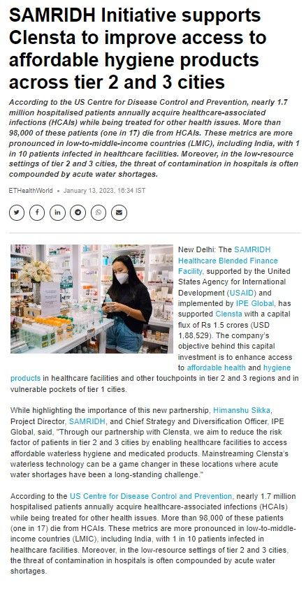 SAMRIDH Initiative supports Clensta to improve access to affordable hygiene products across tier 2 and 3 cities